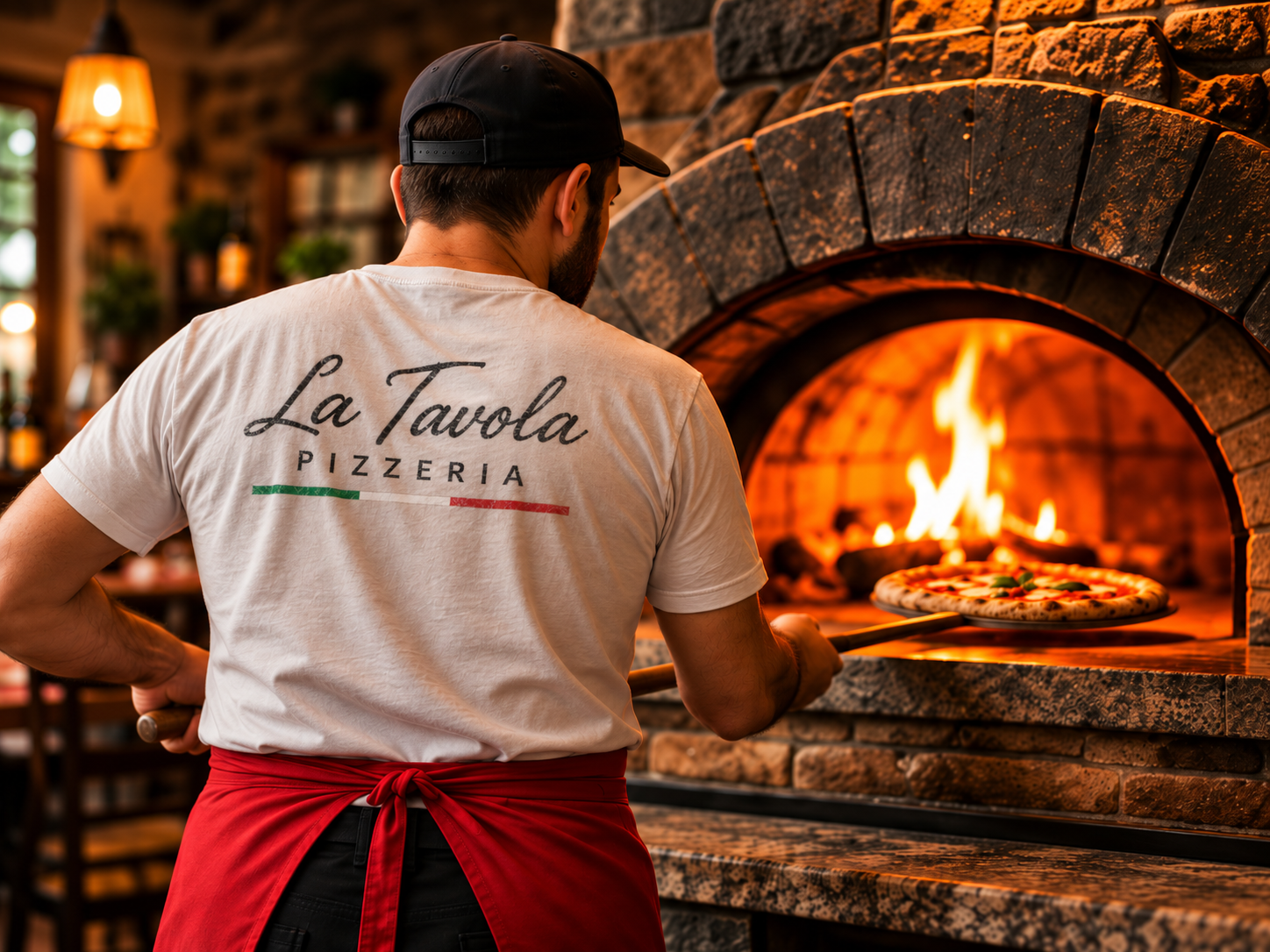 Pizzaiolo von La Tavola vor dem Holzofen.