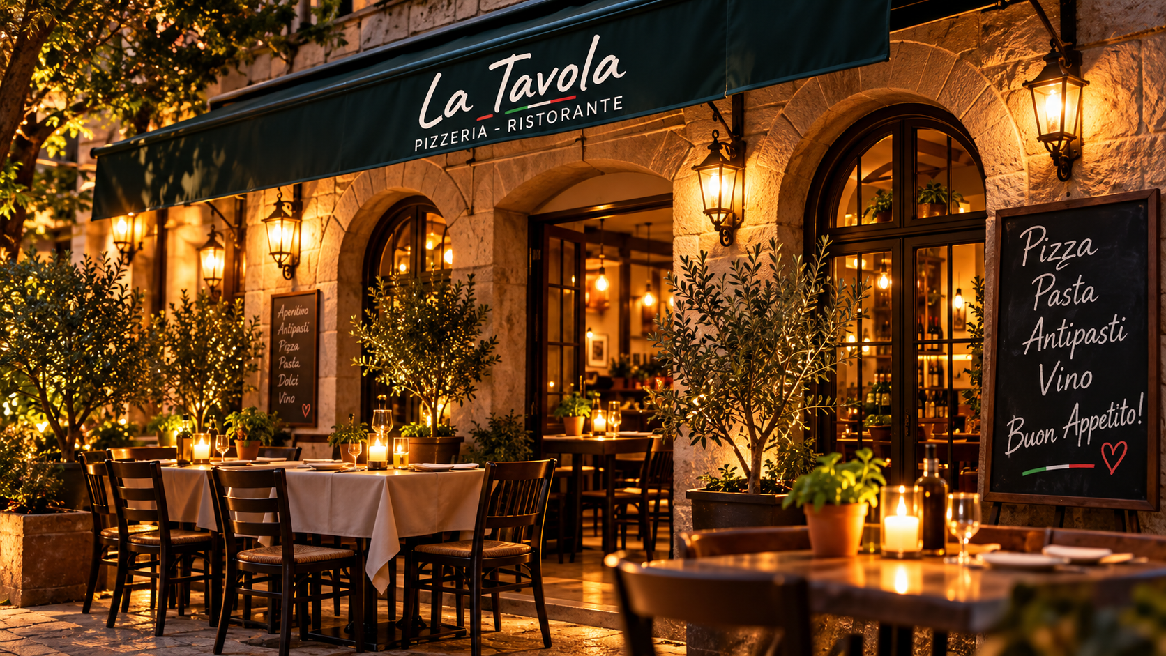 La Tavola Pizzeria in stimmungsvoller Abendbeleuchtung.